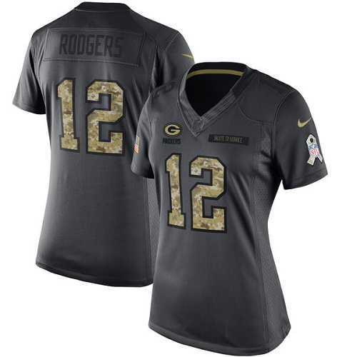 Women's Limited Aaron Rodgers Nike Jersey Black - #12 2016 Salute to Service NFL Green Bay Packers